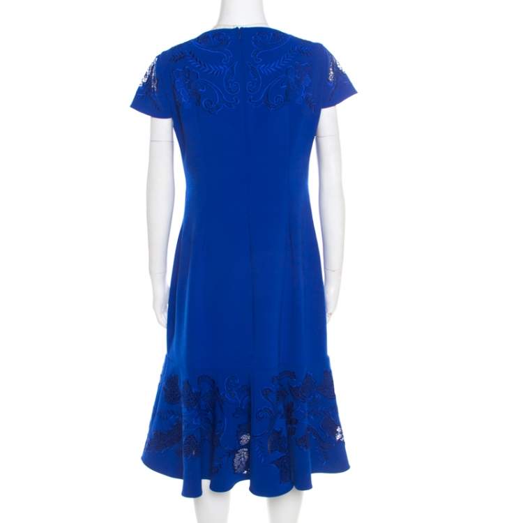 مملوكة مسبقًا Notte By Marchesa Blue Cutout Floral Embroidered Cap Sleeve Flounce Dress XL