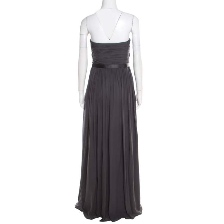 Pre Owned Notte by Marchesa Grey Silk Pleated Bodice Bow Detail Strapless Gown M