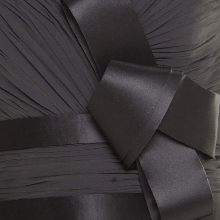 Pre Owned Notte by Marchesa Grey Silk Pleated Bodice Bow Detail Strapless Gown M