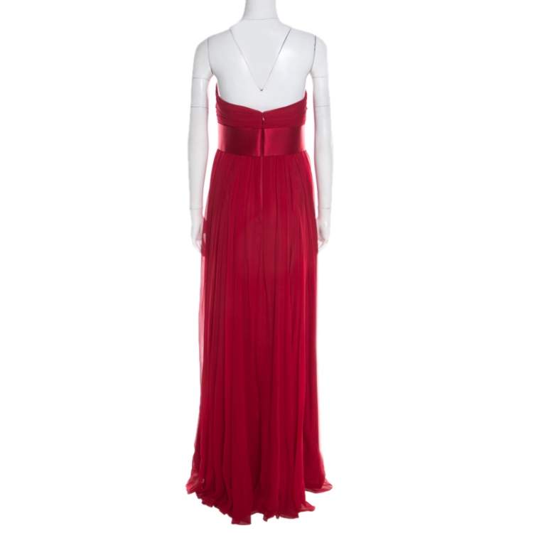 Pre Owned Notte By Marchesa Scarlet Silk Chiffon Pleated Bodice Strapless Gown M