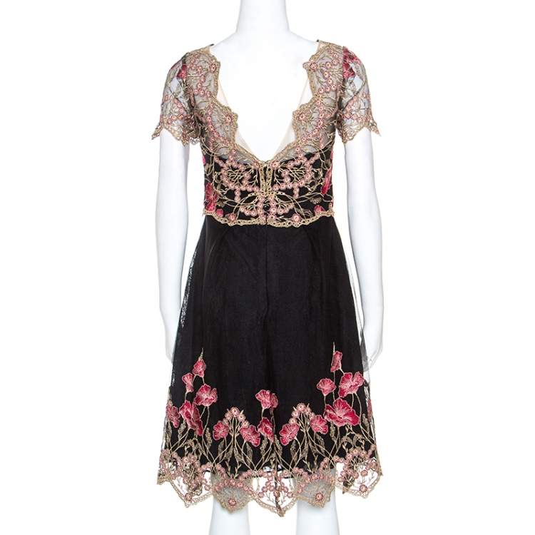 Pre Owned Notte By Marchesa Black and Gold Floral Lace Applique Dress M
