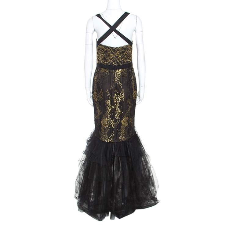 Pre Owned Notte By Marchesa Black and Gold Lace and Tulle Gown M