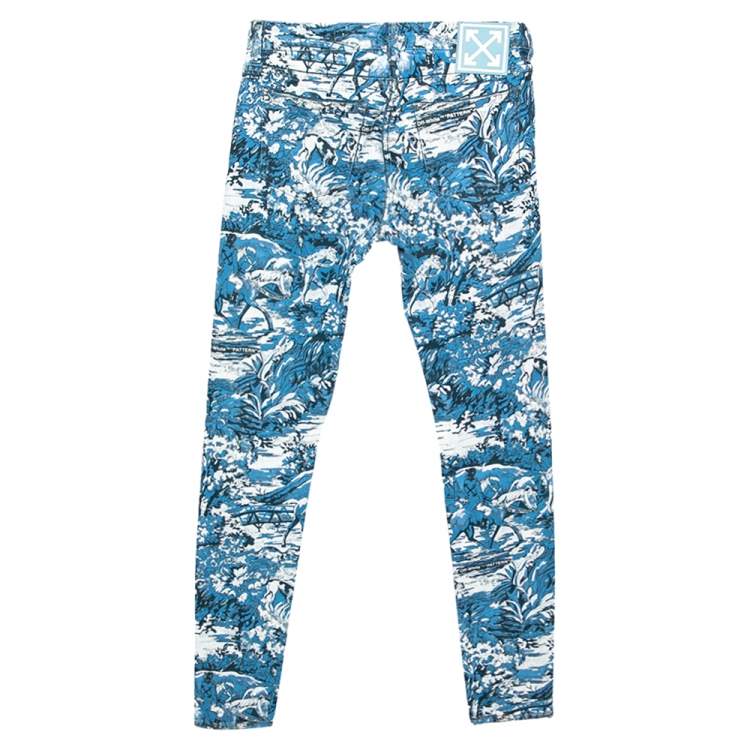 Off-White Blue Tapestry Pattern Printed Denim Skinny Jeans S Off 