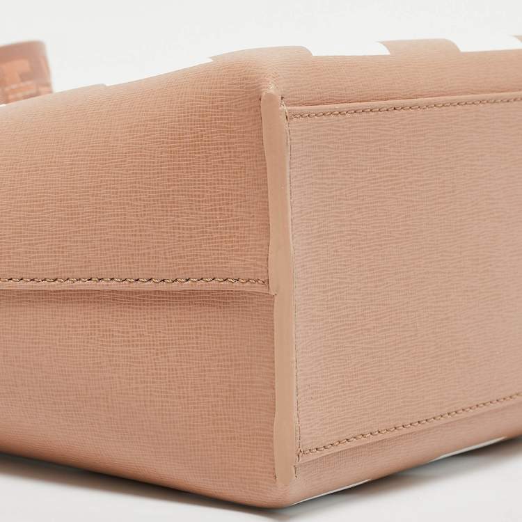 Pre Owned Off-White Beige/White Striped Leather Medium Binder Clip Vertical Tote