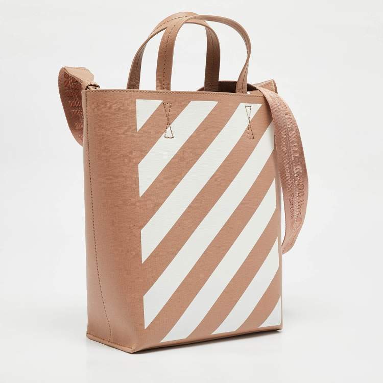 Pre Owned Off-White Beige/White Striped Leather Medium Binder Clip Vertical Tote