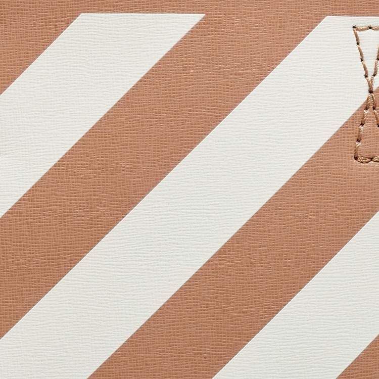 Pre Owned Off-White Beige/White Striped Leather Medium Binder Clip Vertical Tote