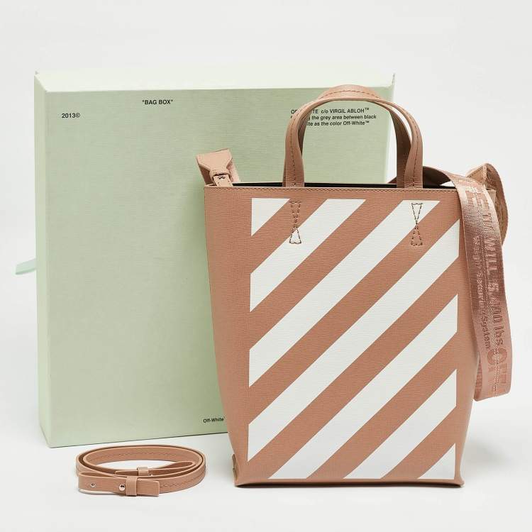 Pre Owned Off-White Beige/White Striped Leather Medium Binder Clip Vertical Tote