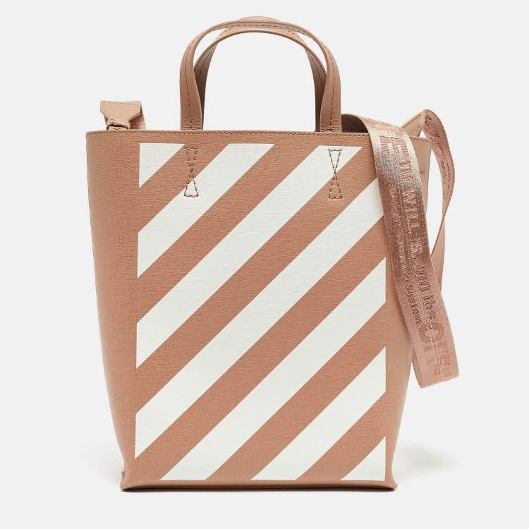 Pre Owned Off-White Beige/White Striped Leather Medium Binder Clip Vertical Tote