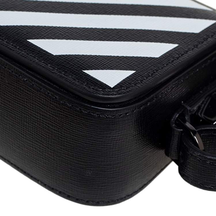 Pre Owned Off-White White/Black Diagonal Striped Leather Baby Flap Crossbody Bag