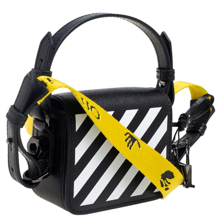 Pre Owned Off-White White/Black Diagonal Striped Leather Baby Flap Crossbody Bag