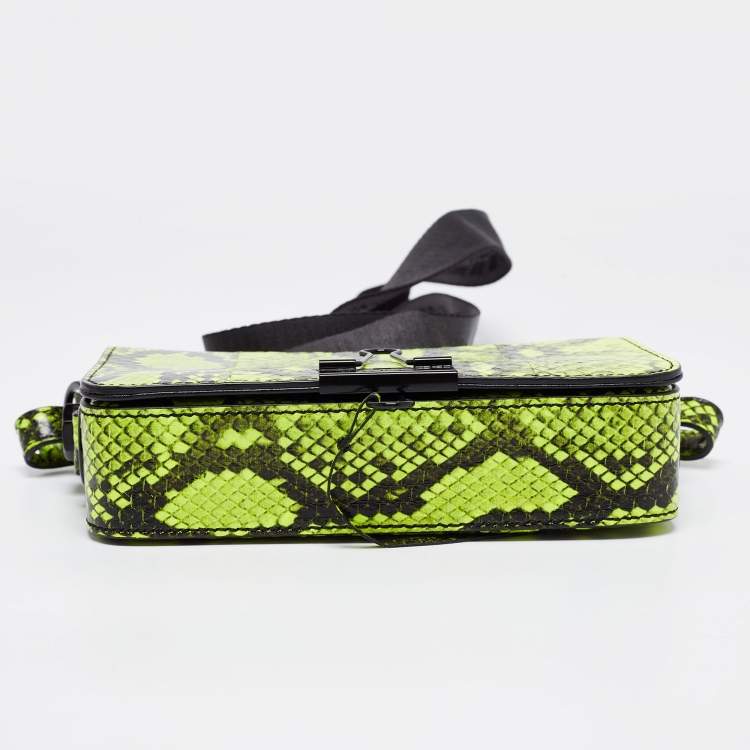 Pre Owned Off-White Green/Black Python Embossed Leather Small Binder Clip Flap Shoulder Bag