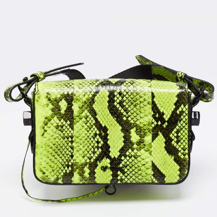 Pre Owned Off-White Green/Black Python Embossed Leather Small Binder Clip Flap Shoulder Bag