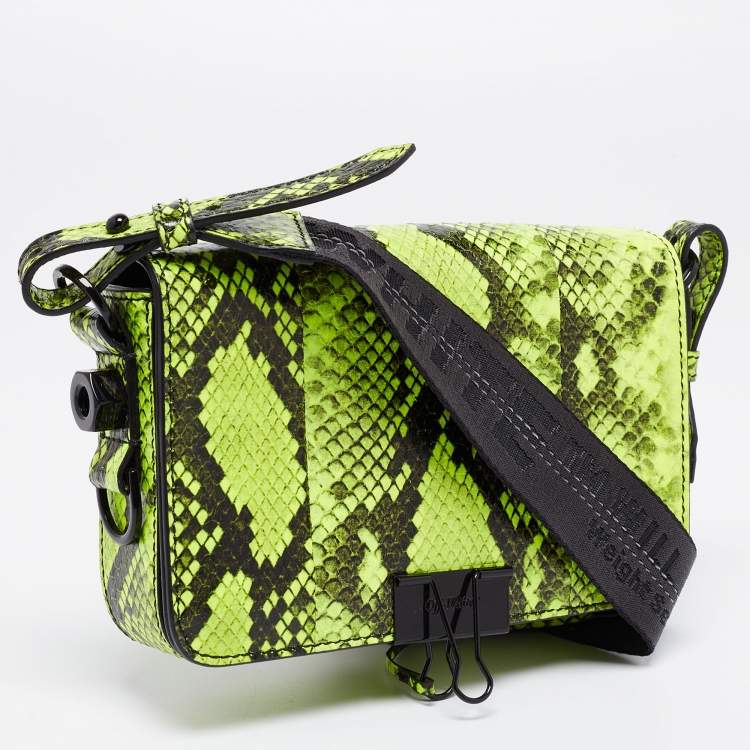 Pre Owned Off-White Green/Black Python Embossed Leather Small Binder Clip Flap Shoulder Bag
