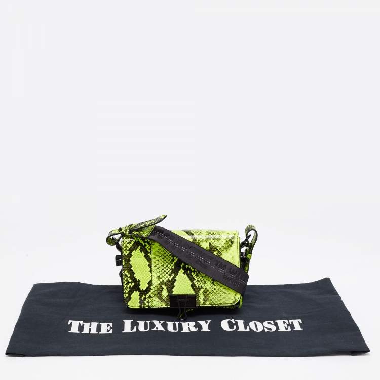 Pre Owned Off-White Green/Black Python Embossed Leather Small Binder Clip Flap Shoulder Bag