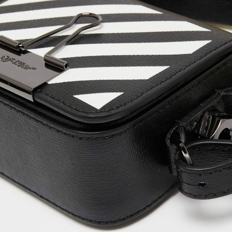 Pre Owned Off-White Black/White Diagonal Striped Leather Baby Flap Crossbody Bag