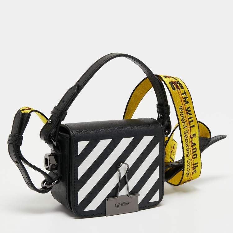 Pre Owned Off-White Black/White Diagonal Striped Leather Baby Flap Crossbody Bag