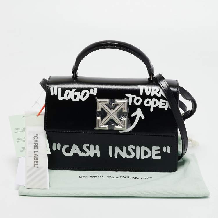 Pre Owned Off-White Black Leather Jitney "Cash Inside" Graffiti Top Handle Bag