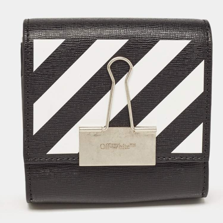 Pre Owned Off-White Black/White Diagonal Print Leather Binder Clip Compact Wallet