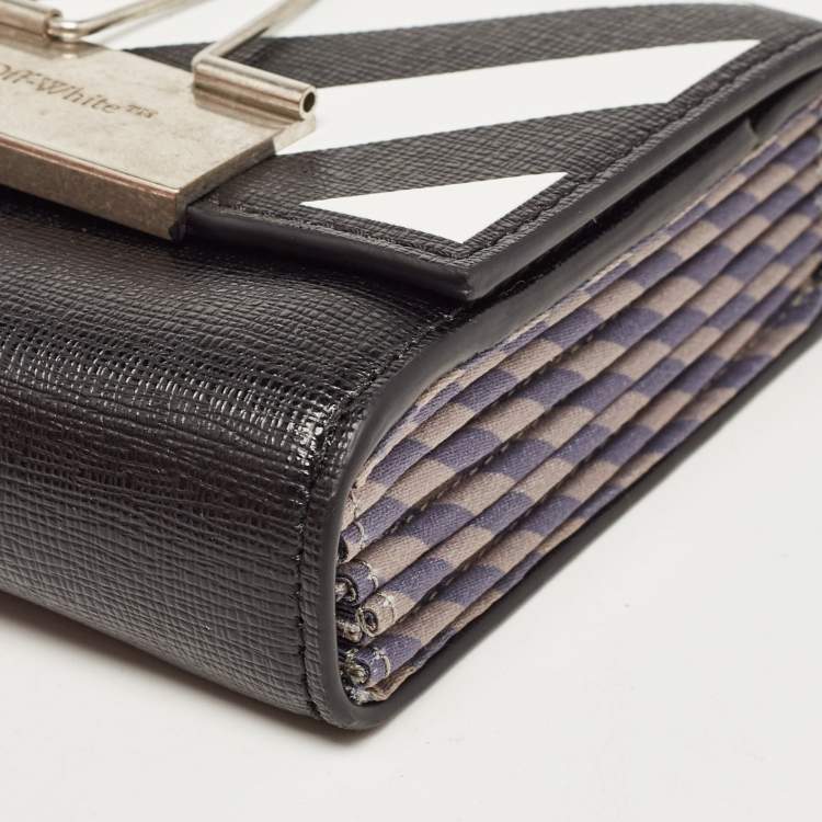 Pre Owned Off-White Black/White Diagonal Print Leather Binder Clip Compact Wallet