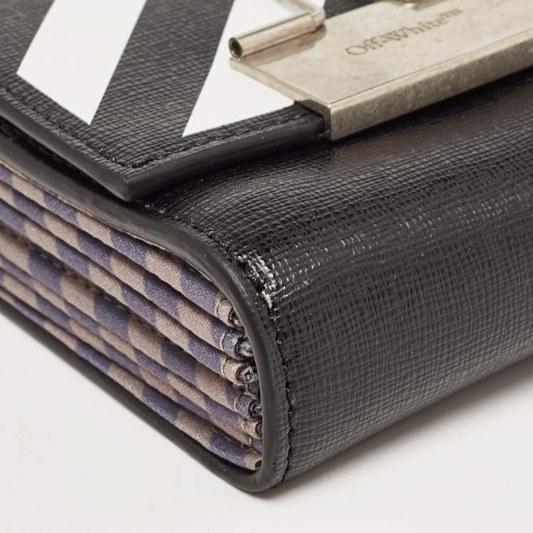 Pre Owned Off-White Black/White Diagonal Print Leather Binder Clip Compact Wallet