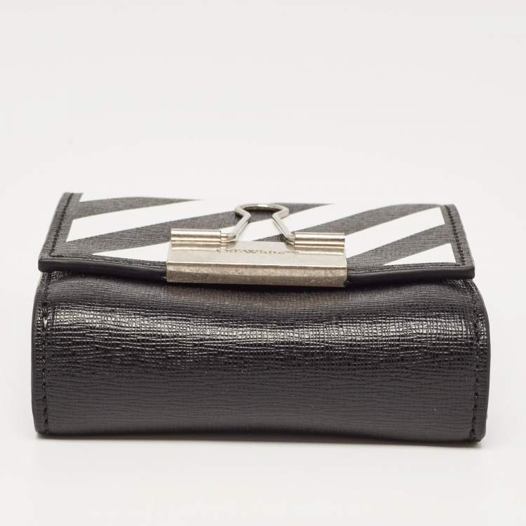 Pre Owned Off-White Black/White Diagonal Print Leather Binder Clip Compact Wallet