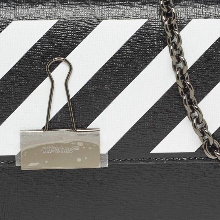 Pre Owned Off-White Black/White Diagonal Print Leather Binder Clip Wallet on Chain