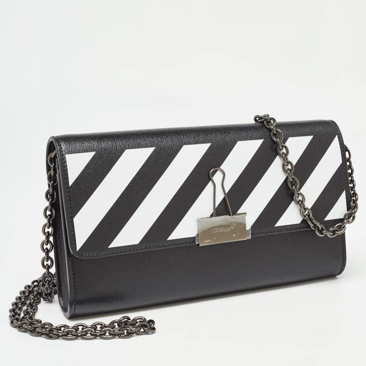 Pre Owned Off-White Black/White Diagonal Print Leather Binder Clip Wallet on Chain