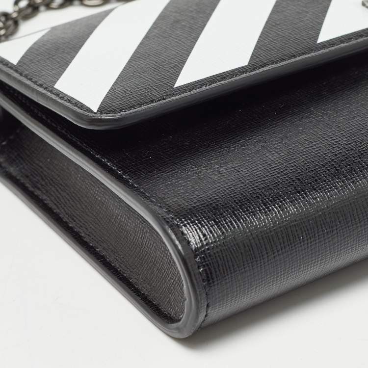 Pre Owned Off-White Black/White Diagonal Print Leather Binder Clip Wallet on Chain