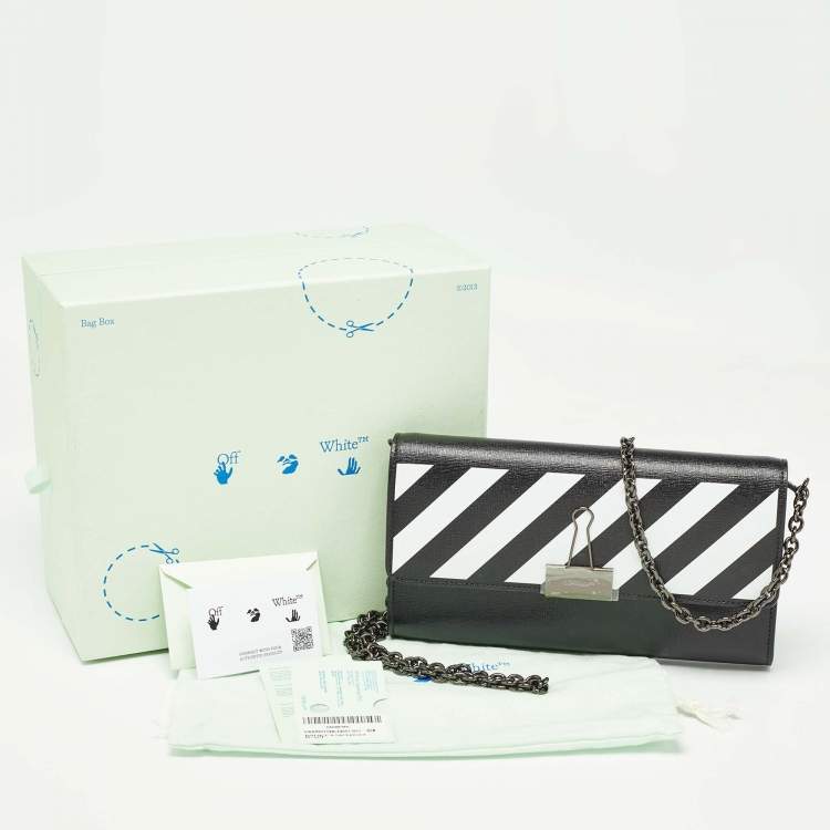 Pre Owned Off-White Black/White Diagonal Print Leather Binder Clip Wallet on Chain