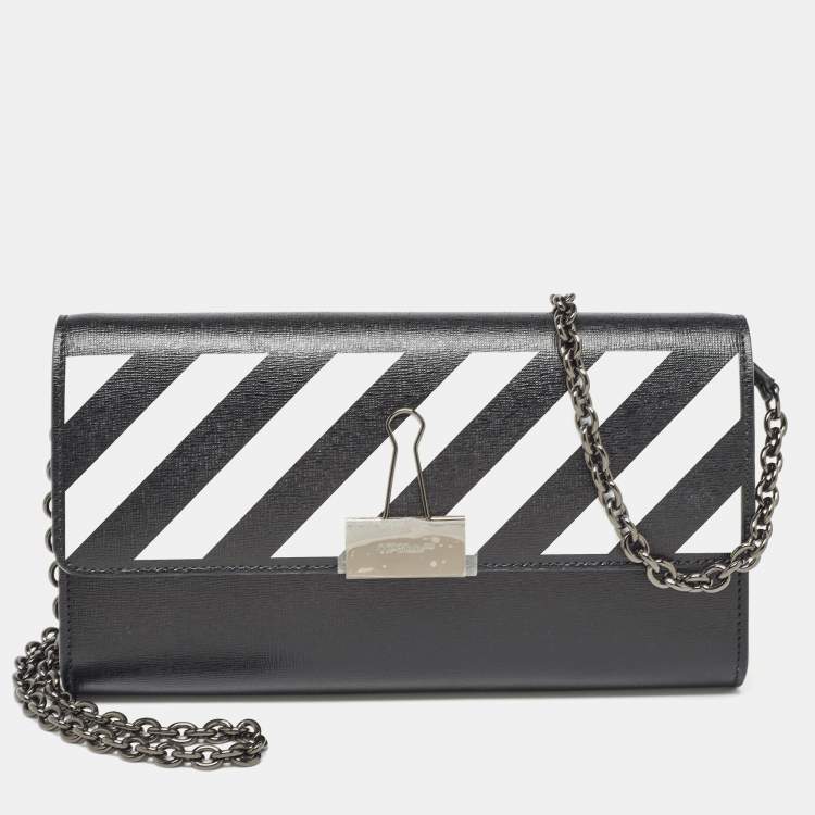 Pre Owned Off-White Black/White Diagonal Print Leather Binder Clip Wallet on Chain
