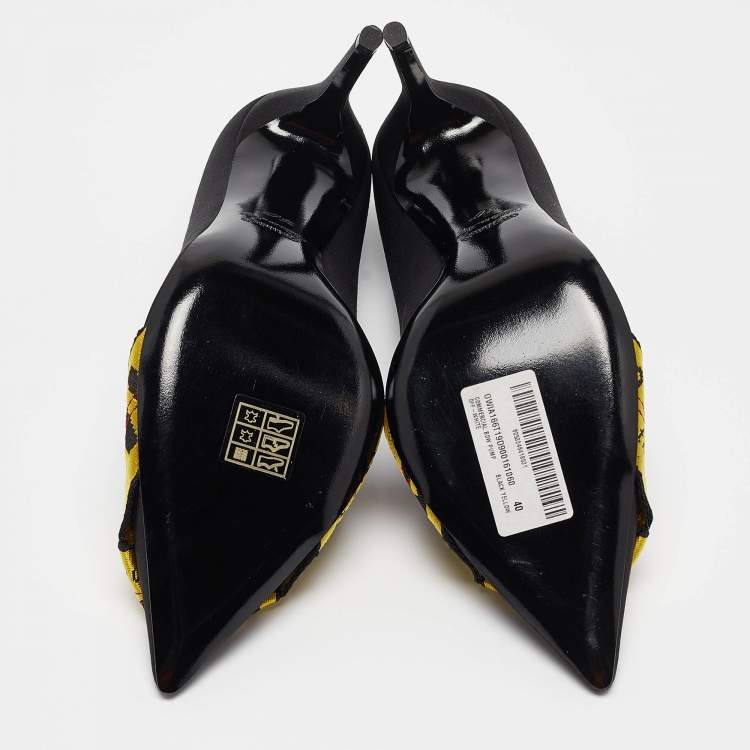 Pre Owned Off-White Black/Yellow Satin and Logo Canvas Commercial Bow Pumps Size 40