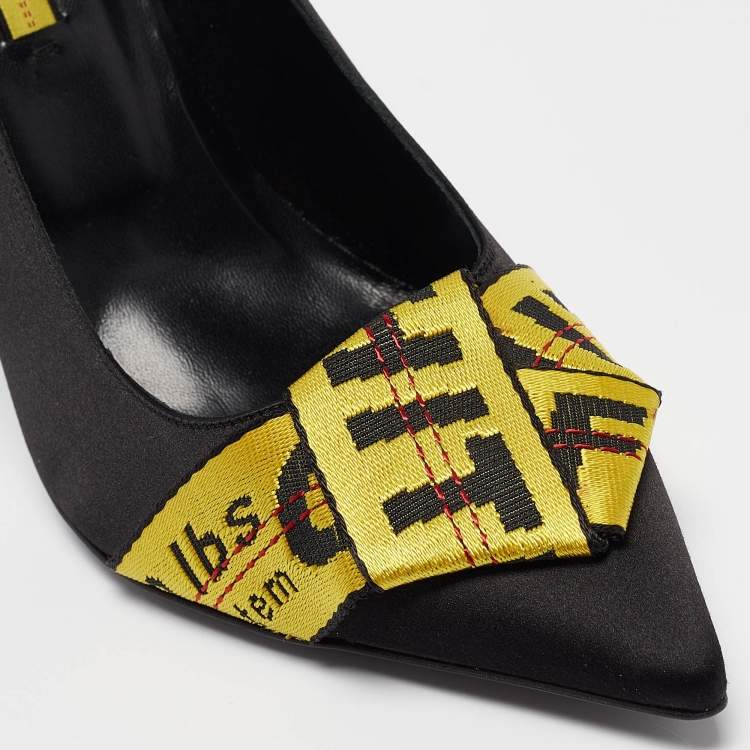Pre Owned Off-White Black/Yellow Satin and Logo Canvas Commercial Bow Pumps Size 40