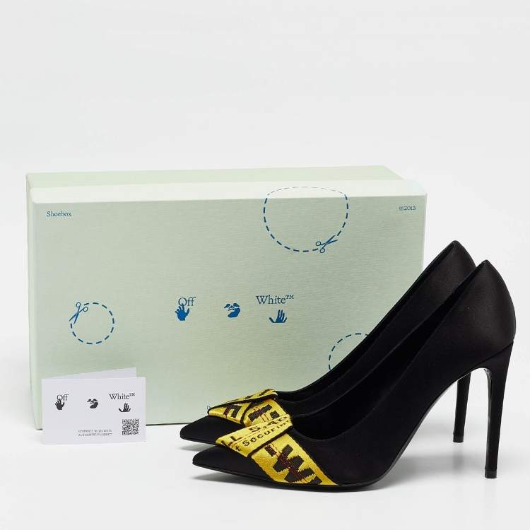 Pre Owned Off-White Black/Yellow Satin and Logo Canvas Commercial Bow Pumps Size 40