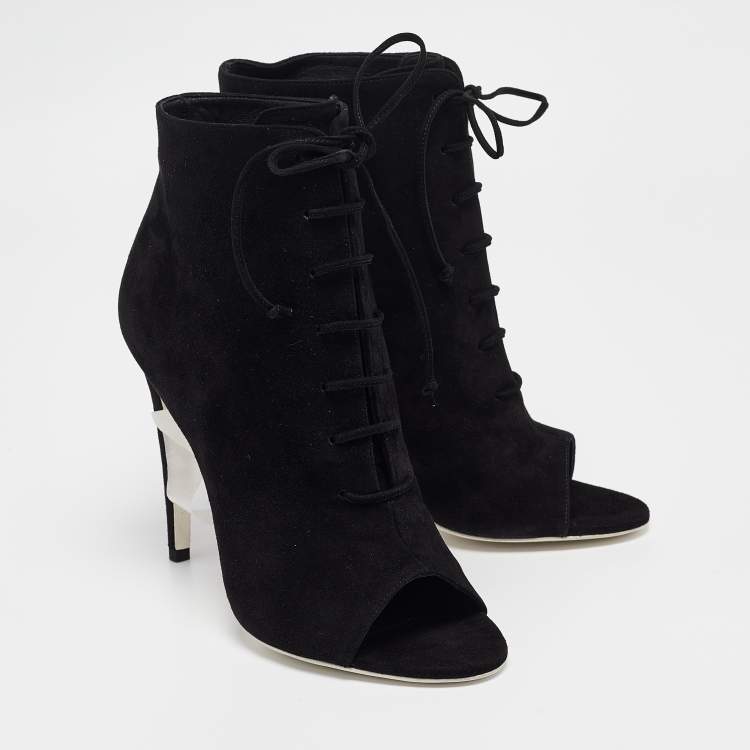 Pre Owned Off-White Black Suede Open Toe Lace Up Ankle Booties Size 39