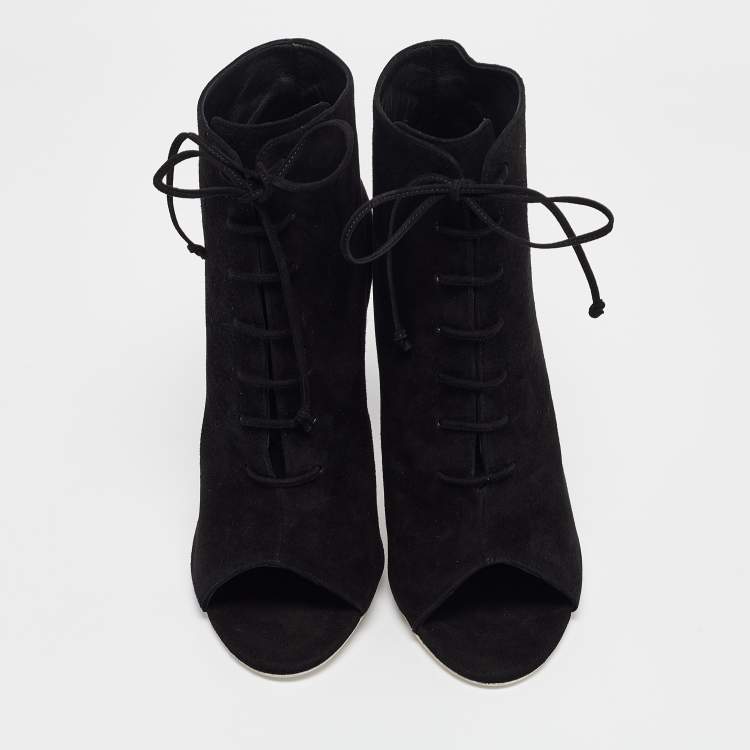 Pre Owned Off-White Black Suede Open Toe Lace Up Ankle Booties Size 39