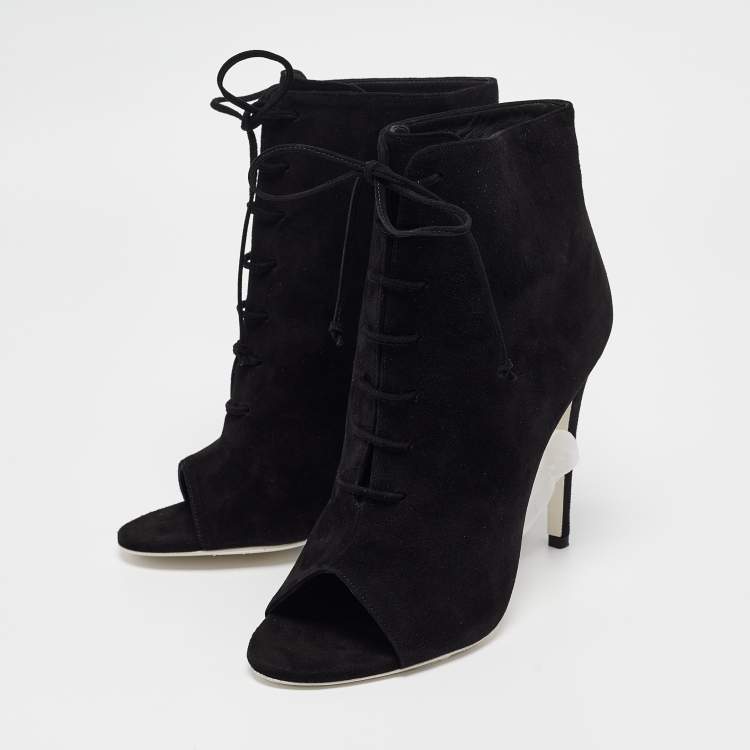 Pre Owned Off-White Black Suede Open Toe Lace Up Ankle Booties Size 39