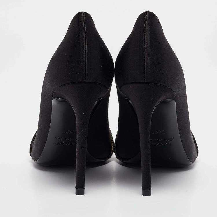 Pre Owned Off-White Black/Yellow Satin and Logo Canvas Commercial Bow Pumps Size 38