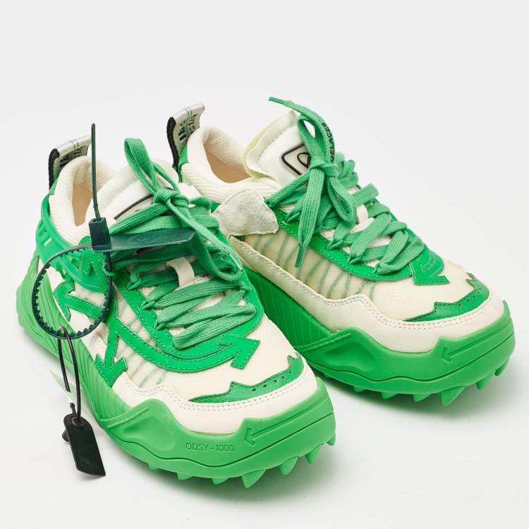 Pre Owned Off-White Cream/Green Leather and Mesh Odsy 1000 Lace Up Sneakers Size 38