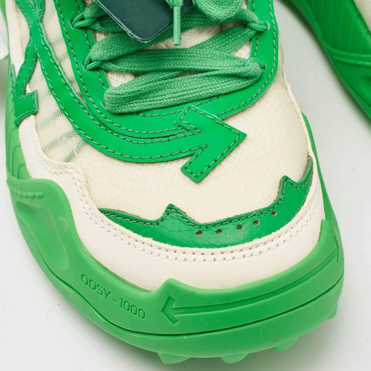 Pre Owned Off-White Cream/Green Leather and Mesh Odsy 1000 Lace Up Sneakers Size 38