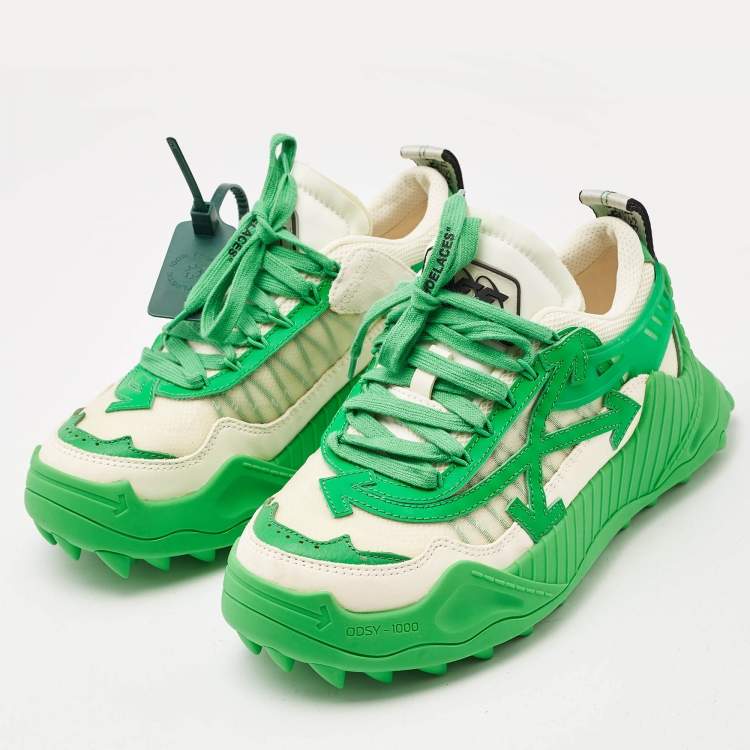 Pre Owned Off-White Cream/Green Leather and Mesh Odsy 1000 Lace Up Sneakers Size 38
