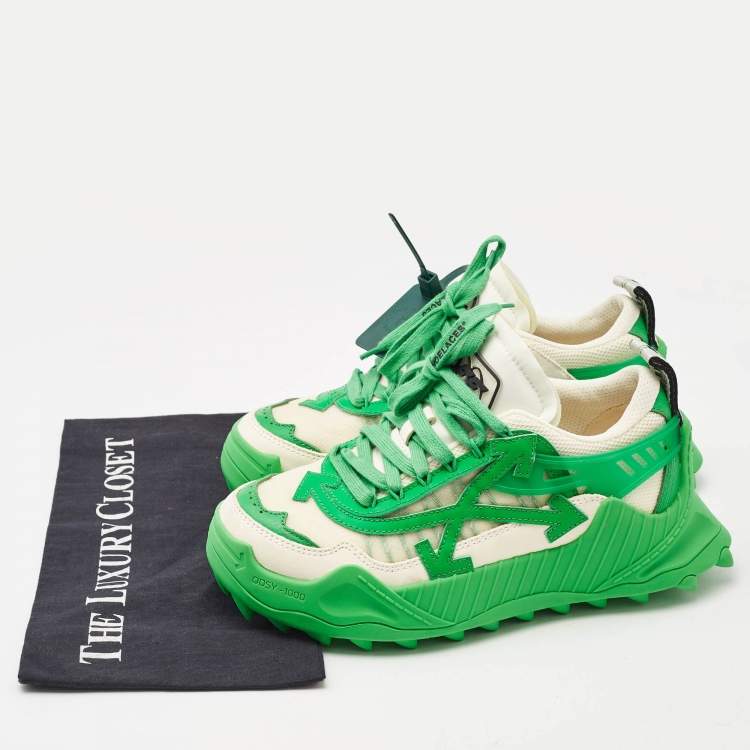 Pre Owned Off-White Cream/Green Leather and Mesh Odsy 1000 Lace Up Sneakers Size 38