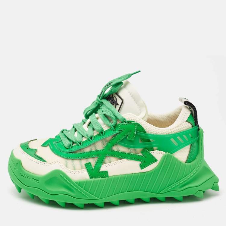 Pre Owned Off-White Cream/Green Leather and Mesh Odsy 1000 Lace Up Sneakers Size 38