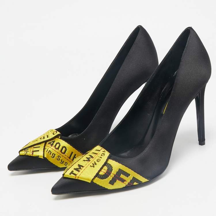 Pre Owned Off-White Black/Yellow Satin and Logo Canvas Commercial Bow Pumps Size 39