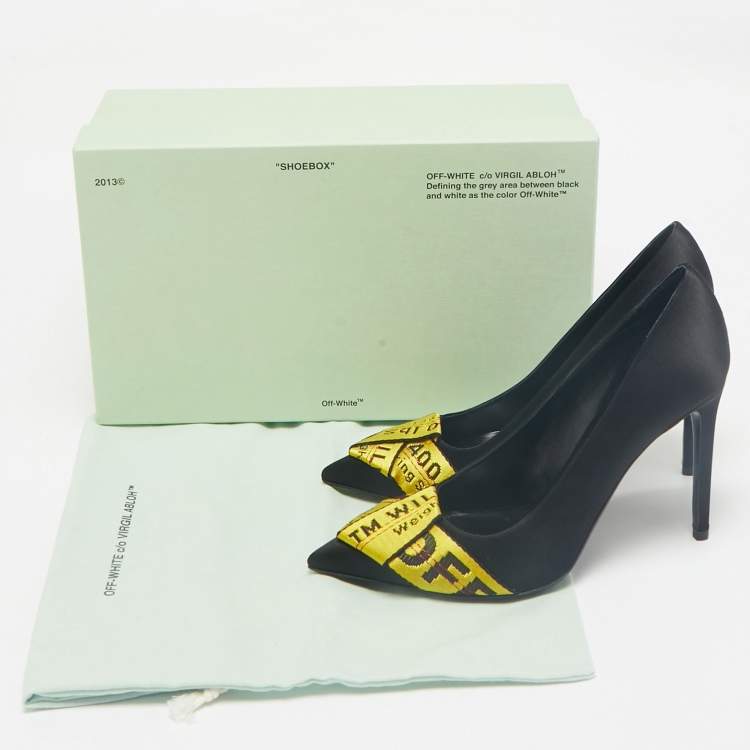 Pre Owned Off-White Black/Yellow Satin and Logo Canvas Commercial Bow Pumps Size 39