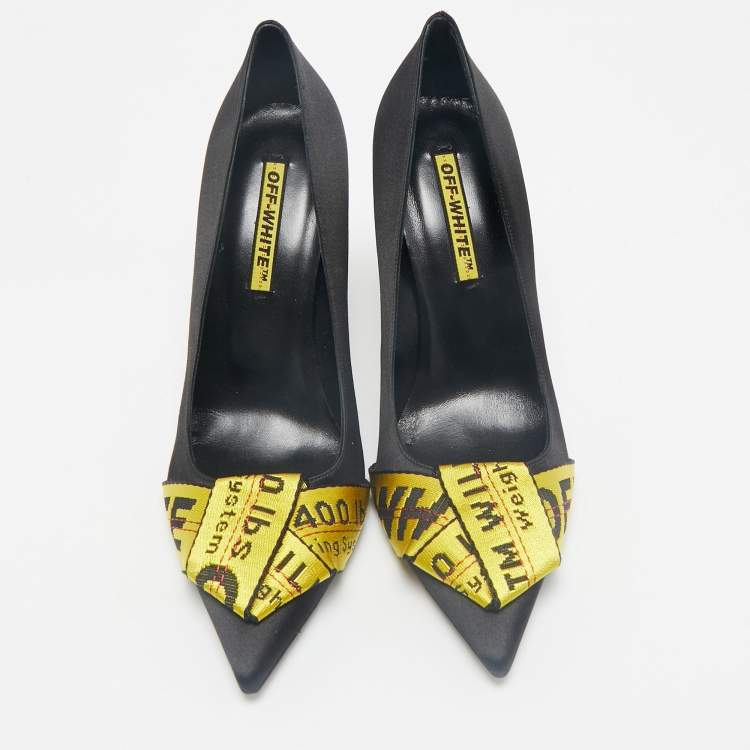 Pre Owned Off-White Black/Yellow Satin and Logo Canvas Commercial Bow Pumps Size 39
