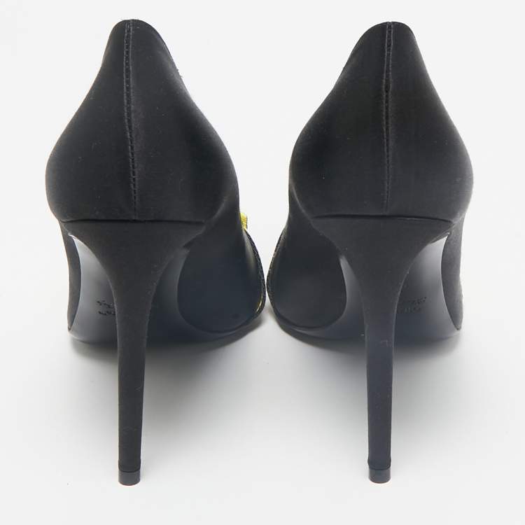 Pre Owned Off-White Black/Yellow Satin and Logo Canvas Commercial Bow Pumps Size 39