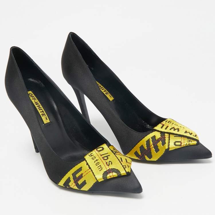 Pre Owned Off-White Black/Yellow Satin and Logo Canvas Commercial Bow Pumps Size 39