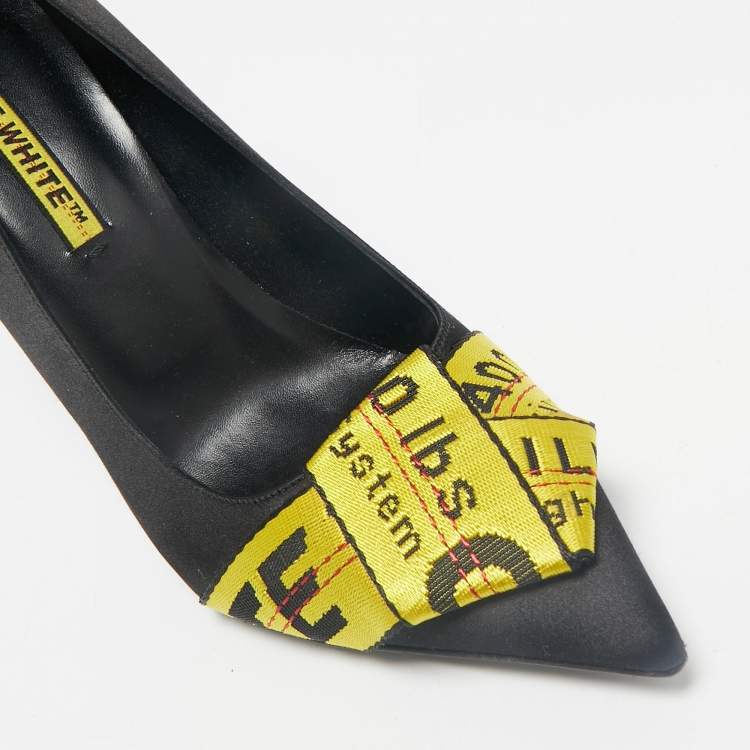 Pre Owned Off-White Black/Yellow Satin and Logo Canvas Commercial Bow Pumps Size 39
