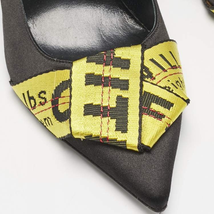 Pre Owned Off-White Black/Yellow Satin Commercial Bow Pumps Size 40