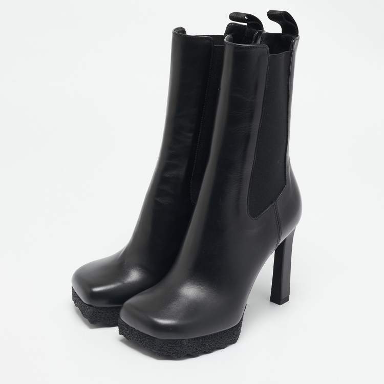 Pre Owned Off-White Black Leather Sponge Chelsea Heeled Ankle Length Boots Size 36